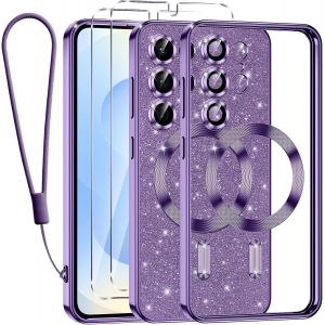 SJZG-Glitter Magn&eacute;tique Pour Samsung Galaxy S25 Plus 5G Con Cordon, [Compatible Avec Magsafe] Antichoc Brillant Paillet&eacute; Housse Souple Coque Pour Samsung S25 Plus Avec 2 Verre Tremp&eacute; &Eacute;tui, Violet - Neuf