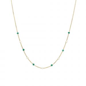 Collier En Argent Doré Pierre Naturelle Onyx Vert Et Perles Naturelles Blanche - Neuf