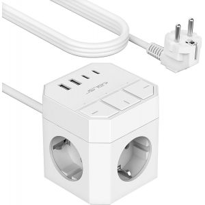Cube Multiprise 3m, Bloc Multiprise 3 Prises Avec Interrupteur Individuel & 4 Ports Usb Chargeur (2 Usb A+2 Usb C) Prise Multi 3680w 16a Pour Smartphone Tablette-Blanc - Neuf