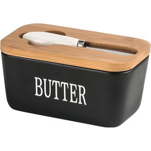 Beurrier En Porcelaine,Grand R&eacute;cipient &Agrave; Beurre Multifonctionnel Avec Couvercle En Bois Et Couteau En Acier Inoxydable Pour Placer Du Beurre Du Fromage Fruit Salade,500ml - Neuf