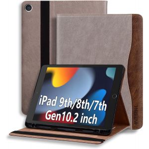 LORANKA-Coque pour iPad 9&egrave;me/8&egrave;me/7&egrave;me G&eacute;n&eacute;ration, Mod&egrave;le 2021/2020/2019 Tablette Housse de Protection &Eacute;tui Pencil Holder Support Multi Angles avec Auto Schlaf/Aufwach en Cuir PU pour iPad 10.2"" Kaki - Neuf