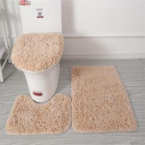 KAL-Lot De Tapis De Bain Antidérapant, 3 Pièces, Tapis Contour Toilette À Poils Longs, Shaggy Couvercle Pour Abattant Wc Kaki 1 - Neuf