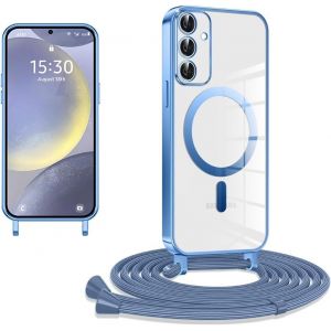 Kal-Coque Avec Cordon Pour Samsung Galaxy A16 4g/5g, Coque Magnétique De Cellulaire Corde Transparent Silicone Étui En Galvanisé Avec Réglable Collier Téléphone Chaîne Lanyard Housse, Bleu - Neuf