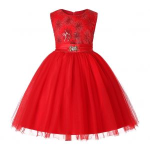 Robe En Tulle A Paillettes Pour Fille, Sans Manches, Motif Floral, Tenue De Bal (Rouge 5) - Neuf