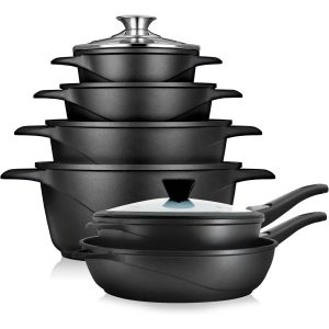 Subzonal-Batterie De Cuisine Induction 12 Pi&egrave;ces Anti-Adh&eacute;sif Ilag Granitec Sans Pfoa, Lot 4 Casseroles En Fonte D'aluminium + 2 Po&ecirc;les Avec Poign&eacute;es Amovibles, Couvercles En Verre, Gants En Silicone - Neuf