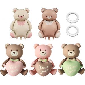 5 Pièces Cartoon Bear Balloons Et 2 Rouleaux De Rubans,Ballons Mignons,Ballons De Film En Aluminium Drôle,Arrangement De Scène De Fête,Fournitures De Fête. - Neuf
