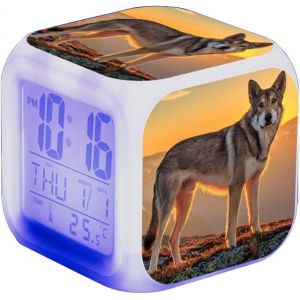Wolf R&eacute;veil LED pour Enfant-R&eacute;veil de Chevet carr&eacute;-Affichage LCD &eacute;clair&eacute;-Cadeau-Motif Loup (#17) - Neuf