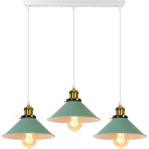KAL-Suspension Lustre Industrielle 3 Lampes Luminaire Plafonnier Vintage Lustre Abat-Jour Ø22 Cm En Métal De Douille E27 Lampe Rétro Pour Séjour Chambre Cuisine (Vert,3 Lampes-Barre) - Neuf