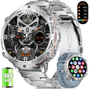Montre Connectée Homme avec 900mAh, 1,73'' AMOLED Grand Écran Montre Connectée Militaire avec Kompass Baromètre, 110+ Modes de Sport, IP68 Étanche, Fréquence Cardiaque/SpO2 for Android iOS, Noir - Neuf