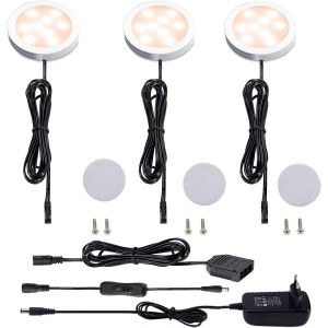 Subzonal-Led Lampe Sous Meuble Cuisine, Rond Ultra Slim Eclairage Encastr&eacute; Pour Placard, Contrer, L'armoire, &Eacute;tag&egrave;re, Prise Europ&eacute;enne, 3 Paquets Lumi&egrave;res Led Pour Vitrine 12v 6w (Blanc Chaude2700k) - Neuf