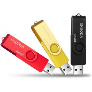 Lot de 3 Clé USB 64 Go USB 2.0 Flash Drive Stockage Rotation Disque Mémoire Stick avec Lumière LED (Noir Or Rouge) - Neuf