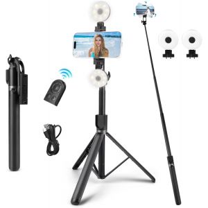 Cai-Trepied Smartphone 180 Cm,Perche À Selfie Trépied Avec 2 Lumière,Détachable 360° Rotation Perche Selfie Trépieds Pour Iphone Et Android,Pieds Haute Résistance Et Support Tubulaire Extensible - Neuf