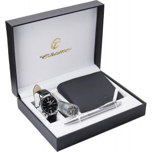 Coffret Cadeau Montre Homme Noir-Lampe Led-Portefeuille-Stylo.[J163] - Neuf