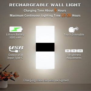 Applique Murale Led Interieur Avec Interrupteur,Lampe Murale À Piles Sans Fil Usb Rechargeable Lampe Magnétique Noir Éclairage Mural,Contrôle Tactile 3 Luminosité Réglable,Blanc Froid 6000k - Neuf