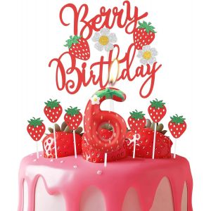 Eryi-Bougie D'anniversaire 6 Ans En Forme De Fraise, Chiffre Rouge Avec Fleurs Blanches, Décorations Sur Le Thème Des Baies Pour Filles Et Garçons - Neuf
