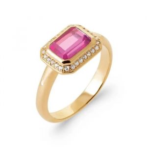 Bague - Bijouxia - Cristal Rectangulaire Zirconium Rose - Plaqu&eacute; Or 18 Carats - Taille 50-60 - Neuf