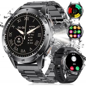 Montre Connectée Homme Militaire Avec Lumière Led,1,43"" Amoled Montre Sport,Smartwatch Noire Avec 130+ Modes Sportifs/Étanchéité Ip68/Fréquence Cardiaque/Compteur,Montre Homme Pour Ios Et Android - Neuf