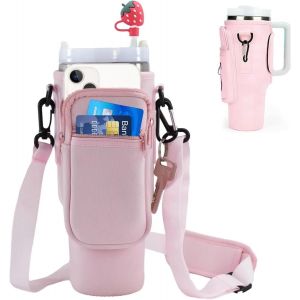 Kal-Pochette Bouteille Eau Pour Stanley Cup Accessoires Avec Sangle Ajustable Et Poche T&eacute;l&eacute;phone Porte Gourde Sac &Agrave; Dos Avec De Mousqueton Pour Voyage Randonn&eacute;e Course (Rose) - Neuf