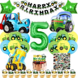 SJZG-Decoration Anniversaire Tracteur 5 Ans, Kit D&eacute;co Fete Garcon, Xxl Ferme Ballon Aluminium Vert Bleu, Ferme Fete Ballon Banni&egrave;re Decoration Gateau Autocollant (Anniversaire Tracteur Enfants 5 Ans) - Neuf