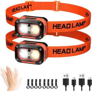 Jexnovashop-Lampe Frontale Led Ultra Puissante Rechargeable, Torche Frontales Lumière Blanche, Jaune, Rouge Pour Casque De Chantier Avec Détecteur De Mouvement, Étanche Pour Camping, Travail, 2 Paque - Neuf