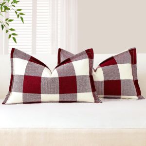 CAUC-Lot de 2 housses de coussin lombaire d&eacute;coratives &agrave; carreaux de buffle en lin avec bords cousus pour canap&eacute;, lit, salon, 30,5 x 50,8 cm (blanc et rouge) - Neuf