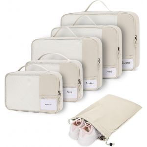 BHHBB-Organisateur Valise Packing Cubes 6 Pièces Sac Rangement Valise avec Étiquette DIY Léger et Respirant Housse Compartiment Valise Organiseurs de Bagage Pochette Vetement Voyage, Beige - Neuf