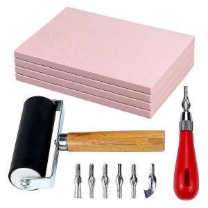 Pack De 4 Blocs De Sculpture De Tampons En Caoutchouc Avec Outils De Coupe Et Rouleau De Brayer En Caoutchouc Compatible Avec La Gravure Et Plus D'artisanat - Neuf