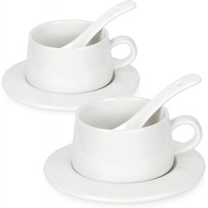 Lot De 2 Tasses &Agrave; Th&eacute; Et Soucoupe En C&eacute;ramique Avec Cuill&egrave;res Pour Caf&eacute;, Th&eacute;, Boissons, Latte, Americano, Expresso - 230 Ml - Neuf