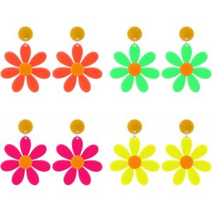 4 Pairs Of Neon Floral Earrings 80s 90s Women Exaggerated Earrings Acrylic Vintage Pendant Jewellery Halloween Costume Accessories Neon Party Costume 2000s, Accessoire Fluo, Acrylic, No Gemstone - Neuf