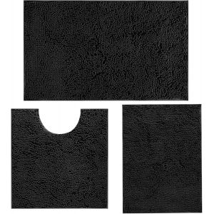 Lot de 3 tapis de bain doux en chenille antidérapants et absorbants pour salle de bain,toilettes et douche-Lavable en machine-Noir - Neuf