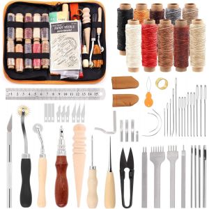 Yemaesre-Kitd'outils Et De Fournitures De Travail Du Cuir, Kit De Couture Du Cuir Avec Fil Ciré, Poinçon, Poinçon, Roue, Polisseuse, Aiguille, Règle Et Couteau Pour Loisirs Créatifs En Cuir - Neuf
