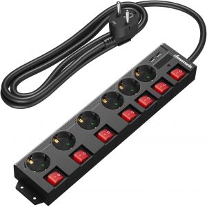 Multiprise avec 6 Prises & 2 USB & 7 Interrupteurs Individuel, 3680W Max, Montage Mural, S&eacute;curit&eacute; Enfants, Rallonge Multiprise Parafoudre et Surtension avec C&acirc;ble 2M,Noir - Neuf