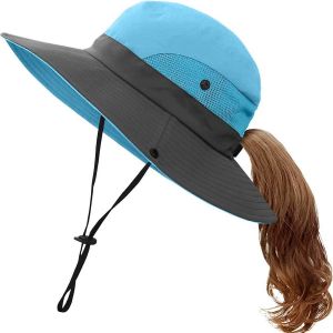 Chapeau De Pêche Sportive En Plein Air D¿Été, Chapeau De Soleil Uv Avec Trou De Queue De Cheval Upf 50 Bouchon De Seau Pour Filles Pêche D¿Été Sur La Plage, Bleu - Neuf