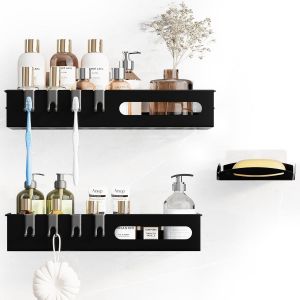 Lot De 3 &Eacute;tag&egrave;res De Douche Sans Per&ccedil;age - En Acier Inoxydable - Avec Porte-Savon - Grande &Eacute;tag&egrave;re De Salle De Bain - Support Pour Douche (C Black) - Neuf