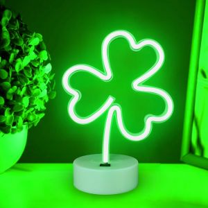Trèfle Néon Signe Avec Base De Support,Vert Lucky Trèfle Usb Ou Néon Alimenté Par Batterie,Décoration De Table Led,Chambre À Coucher,Chambre D'enfant,Décoration De Nuit De Bureau,Cadeau - Neuf