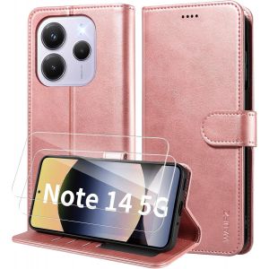 Kal-Coque Pour Xiaomi Redmi Note 14 5g (Pas Pour 4g), Etui Coque Avec 2 Verre Trempé Porte Carte Clapet À Rabat Portefeuille Cuir Case Housse Protection Cover Étui Pour Redmi Note 14 5g,Or Rose - Neuf