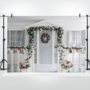 2.5X1.8M Toile De Fond De Noël Porte De Noël Atelier Couronne Ornements De Noël Photographie Fond Pour La Veille De Noël Famille Noël Vacances Fête Photo Stand Accessoires Vinyle[CLI3263] - Neuf