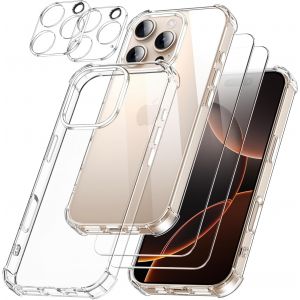 5 En 1 Coque Pour Iphone 16 Pro Max Avec 2 Verre Tremp&eacute; Et 2 Cam&eacute;ra Protecteur, &Eacute;tui De Protection Antichoc Avec Coussin D'Air Int&eacute;gr&eacute; Mince Bumper Housse - Transparente - Neuf