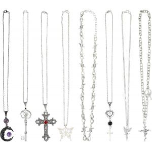 Kalanka-Collier Gothique ¿ 8 Pièces Accessoires Y2k, Bijoux Gothiques, Collier Croix, Accessoires Grunge, Colliers Crâne, Colliers Lune Améthyste, Colliers À Bascule Empilables, Ensemble De Bijoux Go - Neuf