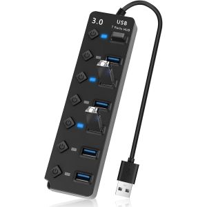 Hub Usb 30 7 Ports Avec Interrupteur, Hub Usb Aliment&eacute; Multiport Haute Vitesse 5Gbps, Multiprise Usb Portable Avec Led Et C&acirc;ble 26 Cm, Adaptateur Hub Usb 30 Pour Pc, Mac, Console[ZHB1740] - Neuf