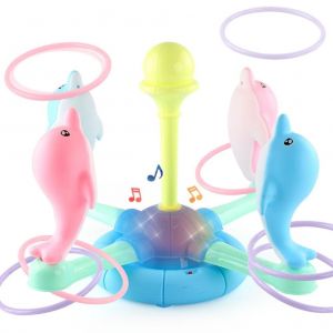 Jeu de lancer d'anneaux pour enfants, dauphin rotatif musical electrique avec lumieres, jouet educatif precoce, jeux de fete en famille - Neuf