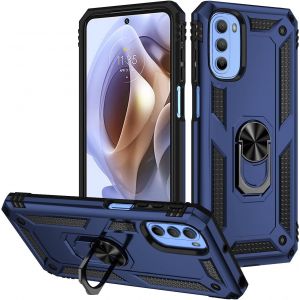Kal-Coque Motorola Moto G31/Moto G41, + Verre Trempé, Étui De Protection Soft Tpu + Pc, Heavy Duty, Slim Dual Layer Protective Housse Etui Coque Avec Support De Bague En Métal, Bleu - Neuf