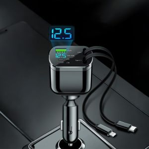 SJZG-Chargeur De Voiture R&eacute;tractable 5 En 1 Chargeur De Voiture Super Rapide Avec 2 C&acirc;bles R&eacute;tractables (7 M) Et Affichage De Tension, 5 Ports (Usb/2 Pd/Type-C/2,4 A) Compatible Avec Iphone, Android - Neuf