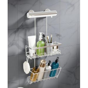&Eacute;tag&egrave;re de douche sans per&ccedil;age, Etagere douche a suspendre - Support double, Plusieurs crochets - Neuf