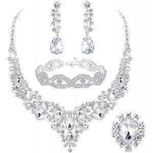 4pcs Parure Mariage Mariée Pour Femme Cristal Mariée Collier Vintage Strass Boucle D'oreille Et Bracelet Zircon Bague Ensemble Mariage Fiançailles Mariée Demoiselle D'honneur Bijoux.[Y69] - Neuf