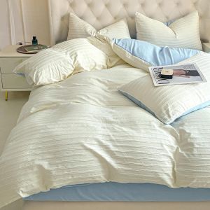 Parure De Lit Avec Housse De Couette Textur&eacute;e Et 2 Taies D'oreiller, Motif Ray&eacute; Avec Fermeture &Eacute;clair, 230 X 220 Cm, Blanc Et Bleu - Neuf