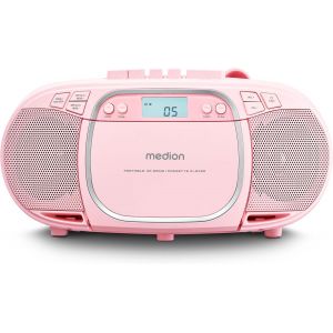 E66476 Stereo Sound System (Boombox, Lecteur CD, MP3, Cassette, Lecteur de Cassette Portable pour Enfants, Radio FM, AUX, écouteurs, Secteur & Batterie) Rose - Neuf