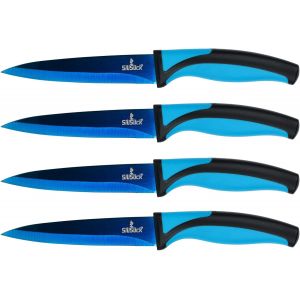 Oayew-Ensemble De Couteaux &Agrave; Steak - Couteaux En Acier Inoxydable Avec Rev&ecirc;tement En Titane Iris&eacute;/Arc-En-Ciel - 5 Pouces / 12,7 Cm - (4 Poign&eacute;e Bleue, Lame Bleue) - Neuf