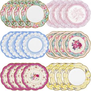 Kalanka-24 X Assiettes Jetables Fleuries - Vaisselle Vintage Avec Bord Festonné, Assiettes Jetables Anniversaire Ou Party Du Thé, Fête Prénatale, Bridgerton, Assiettes Carton Mariage - 17,5 Cm - Neuf