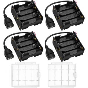 4 Pièces 8x 1.5V AA Supports de Piles, 12V Double Face Boîte de Batterie, AA Support de Batterie avec Prise Femelle USB, avec Boîte à Piles en Plastique - Neuf